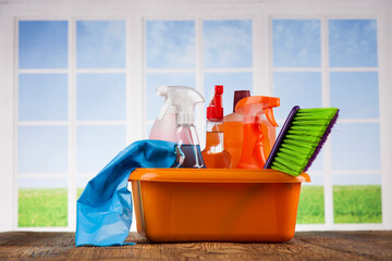 Cleaning supplies and window background