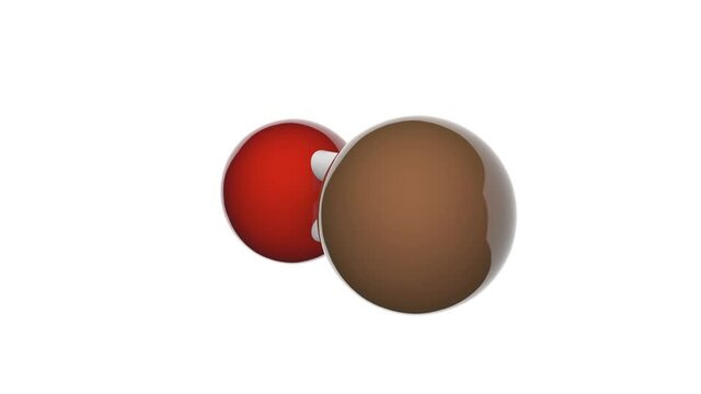 Iron(II) oxide or ferrous oxide or iron monoxide. FeO. It is a black-colored powder. 3D render. Seamless loop. Chemical structure model: Ball and Stick. White background