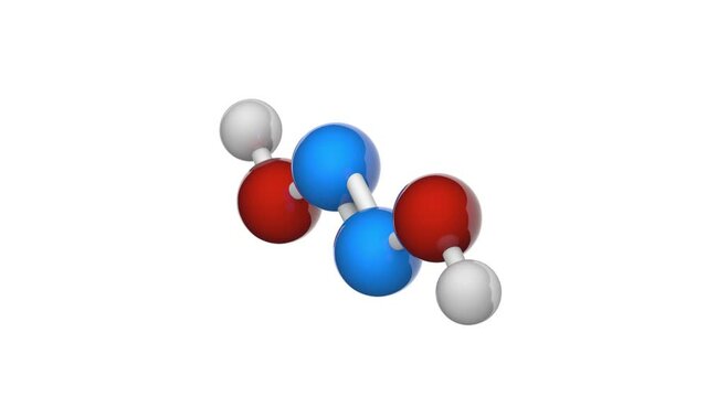 Hyponitrous acid (Diazenediol, Hyponitrous acid dimer) is a chemical compound with formula H2N2O2. 3D render. Seamless loop. Chemical structure model: Ball and Stick. White background