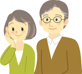イラスト素材:老夫婦が明るい表情で同じ方向を向く場面　頬に手を当て話を聞く
