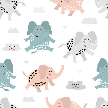 Childish seamless pattern with cute elephant. Creative texture for fabric, textile