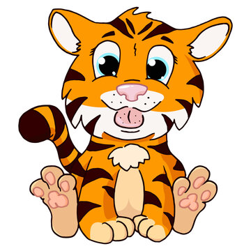 Cheerful tiger cub hand drawn. Vector illustration of cartoon funny tiger cub.