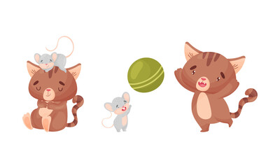 Cute Friendly Cat and Mouse Playing Ball and Sleeping Vector Set