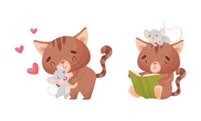 Cute Friendly Cat and Mouse Reading Book and Embracing Vector Set