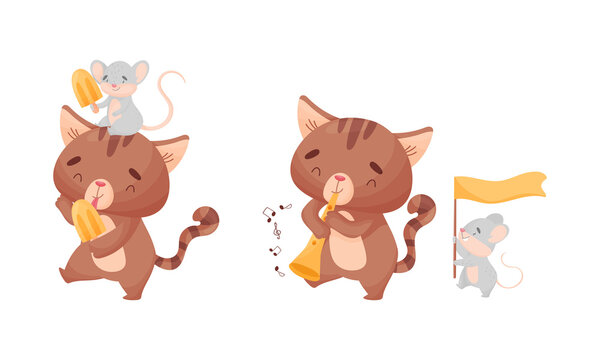 Cute Friendly Cat and Mouse Eating Ice Cream and Playing Trumpet Vector Set