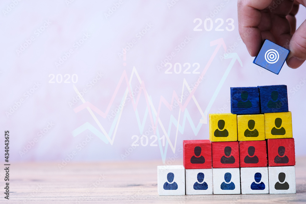 Poster business hand stack woods block step on table and business growth up in year concept. business graph