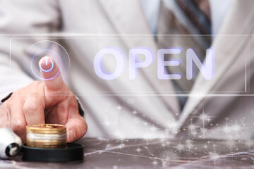 Businessman hand press open button on virtual screen. open screen concept, Free space for text,...