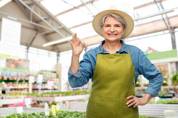 gardening, farming and old people concept - portrait of smiling senior woman in green apron and straw hat showing ok gesture over greenhouse at garden store on background