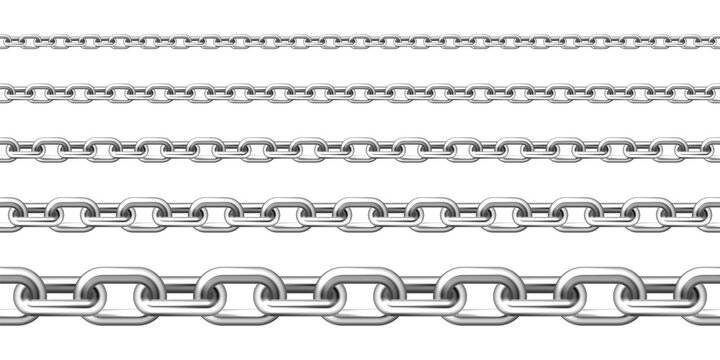 Realistic seamless metal chain with silver links isolated on white background. Vector illustration.