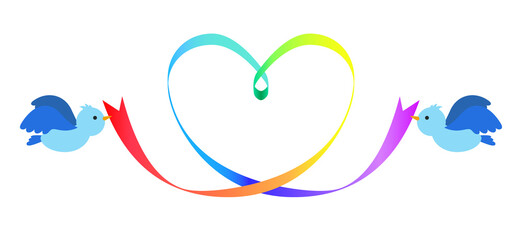 ハート型の虹色のリボンを持つ2羽の青い鳥のイラスト