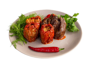Stuffed dried eggplant isolated on a white background. Local name kuru patlıcan dolması. Healthy foods