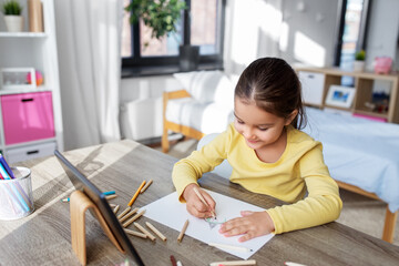 childhood, creativity and art concept - close up of little girl with coloring pencils drawing witch...