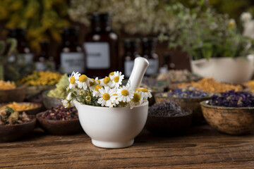Obraz na płótnie Canvas Natural medicine and mortar, healing herbs background