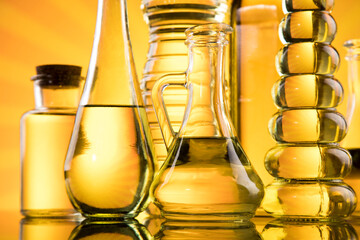 Olive oil bottles, olive branch and Cooking oils