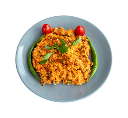 Spicy Cheese Salad isolated on a white background. Healthy food.