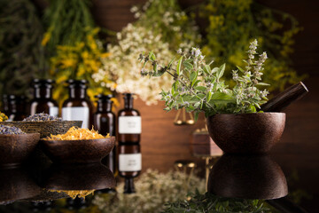 Black mirror background, Natural remedy, healing herbs