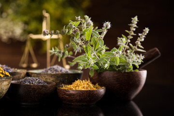 Black mirror background, Natural remedy, healing herbs