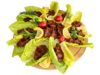Cigkofte isolated on a white background. Turkish appetizer varieties. Healthy foods. Local name Çiğ köfte