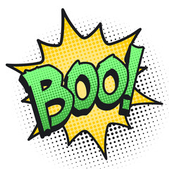 Boo Halloween lettering in cartoon style. Template for print design. Isolated vector illustration on white background