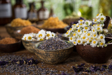 Natural remedy and mortar, healing herbs background