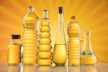 Olive oil bottles, olive branch and Cooking oils