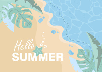 Fototapeta na wymiar Hello summer. Top view of the seashore, beach with green palm leaves and ocean. Flat vector summer illustration