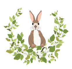 Postcard with a picture of a cute rabbit in leaves