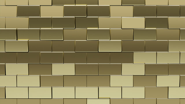 3D, Polished Mosaic Tiles arranged in the shape of a wall. Gold, Rectangle, Bullion stacked to create a Glossy block background. 3D Render