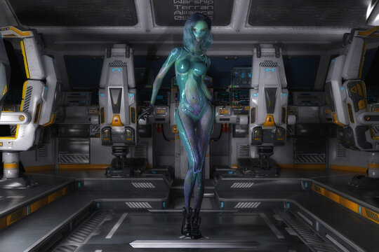 Artistic 3D illustration of a science-fiction female