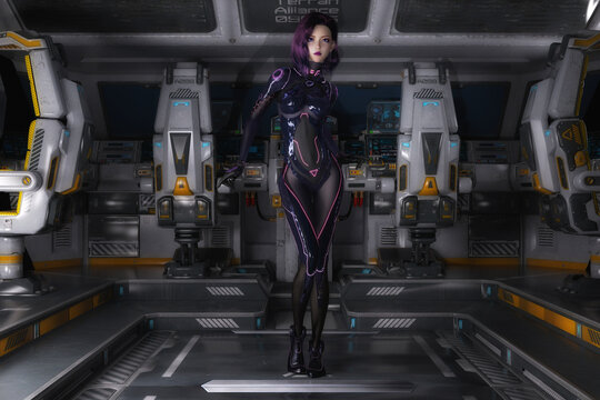 Artistic 3D illustration of a science-fiction female