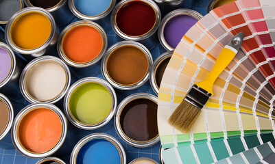 Open paint cans with a brush, Rainbow colors - obrazy, fototapety, plakaty