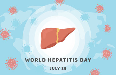 World Hepatitis Day. Banner with world map and healthy human liver attacked by virus. Medical poster for Viral Hepatitis. Vector illustration in flat cartoon style. 