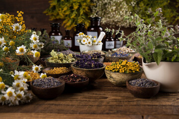 Fototapeta na wymiar Homeopathy, herbal medicine on wooden table