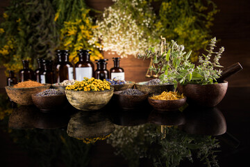 Black mirror background, Natural remedy, healing herbs
