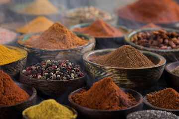 Aromatic spices on wooden background - 434048204