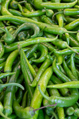 Fresh green hot peppers at the market. pepper in bulk. ripe peppers in a street market. green chili pepper