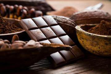 Assorted chocolate bar, candy sweet, cocoa pod