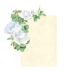 Vertical retro card with branch of Climbing rose with white flowers