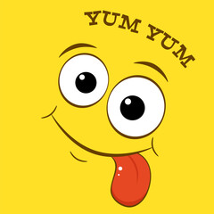 Smiling yummy emoticon on yellow background