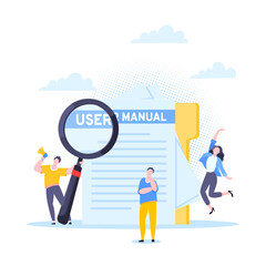User manual guide book flat style design vector illustration. Tiny people, magnifying glass and paper file working together with guide book. Specifications user guidance document.