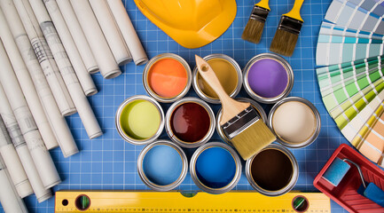 Colorful paint cans set, Painting background - 434049601