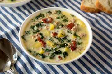 Homemade Zuppa Toscana with Kale and Bread in a white bowl, side view.