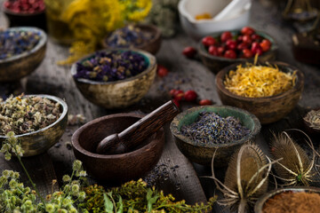 Natural remedy, mortar and herbs