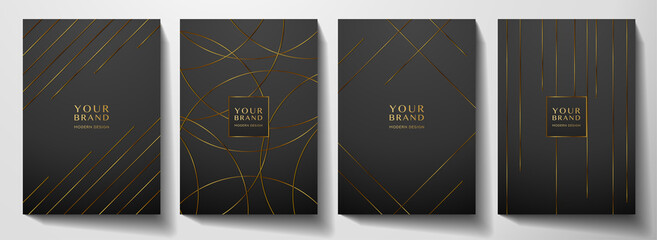 Modern black cover design set. Luxury dynamic gold circle, line pattern. Creative premium stripe vector background for business catalog, brochure cover template, notebook, invite