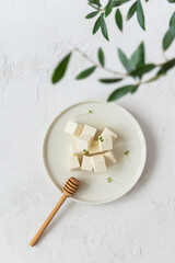 Pieces of tofu cheese on a plate against a background of green leaves. Vertical orientation, top view.