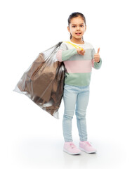 recycling, waste sorting and sustainability concept - smiling girl with paper garbage in plastic bag showing thumbs up over white background