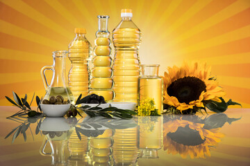 Cooking oils, Olive oil, Rape, Sunflower flowers in bottles