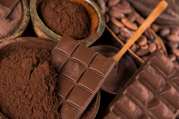 Chocolate sweet, cocoa pod and food dessert background