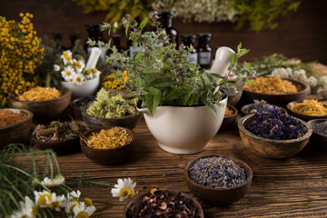 Homeopathy, herbal medicine on wooden table