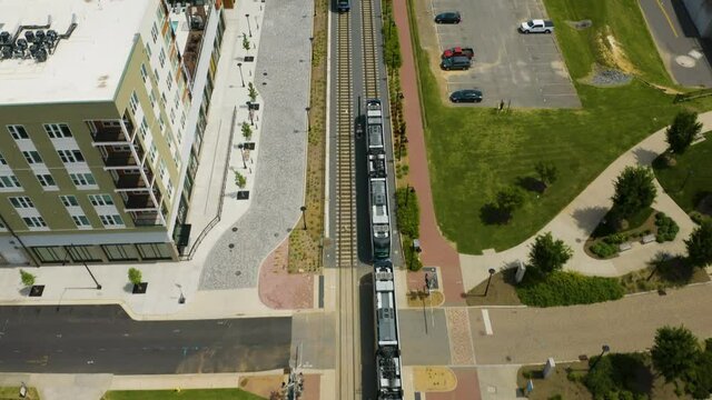 Aerial Tracking Shot of Light Rail Train in Charlotte, North Carolina